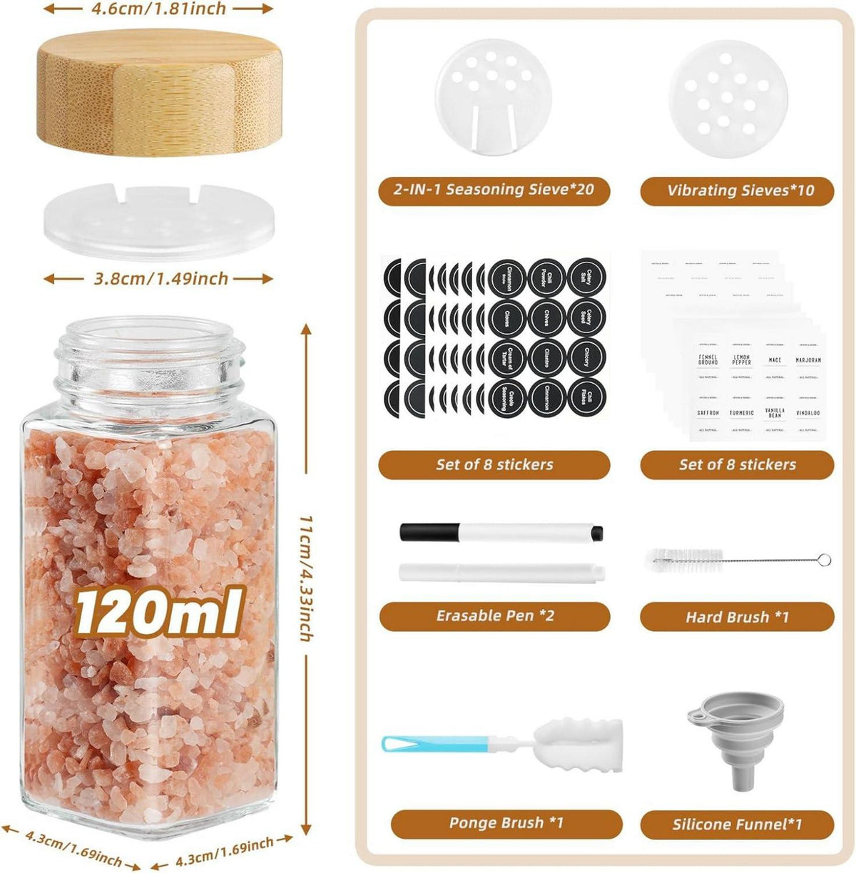 24er Set 120ml Gewürzgläser Eckig Holzdeckel Etikett Pinsel