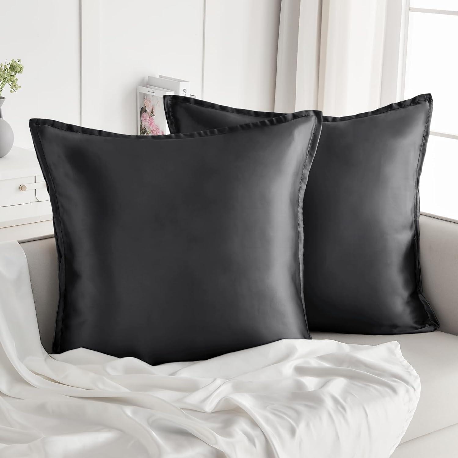 Satin Kissenbezug 80x80 Schwarz mit Haargummis, Hautpflege