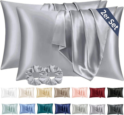 Satin Kissenbezug 2er Set 50x80 Grau mit Haargummis & Umschlag