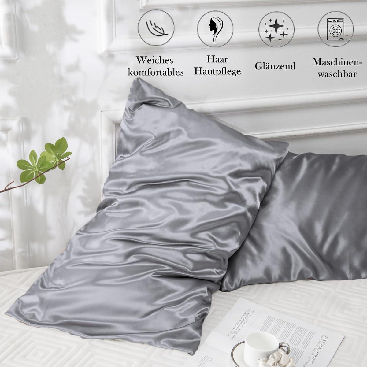 Vielit Satin Kissenbezüge 50x80 Grau inkl. Haargummis - Pflegeleicht