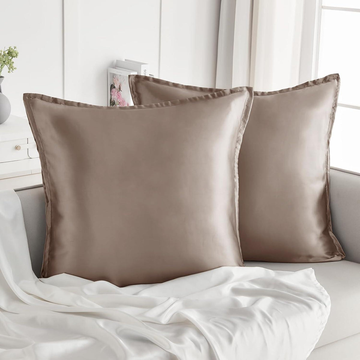 Satin Kissenbezug 80x80 2er Set Rosa Braun mit Reißverschluss