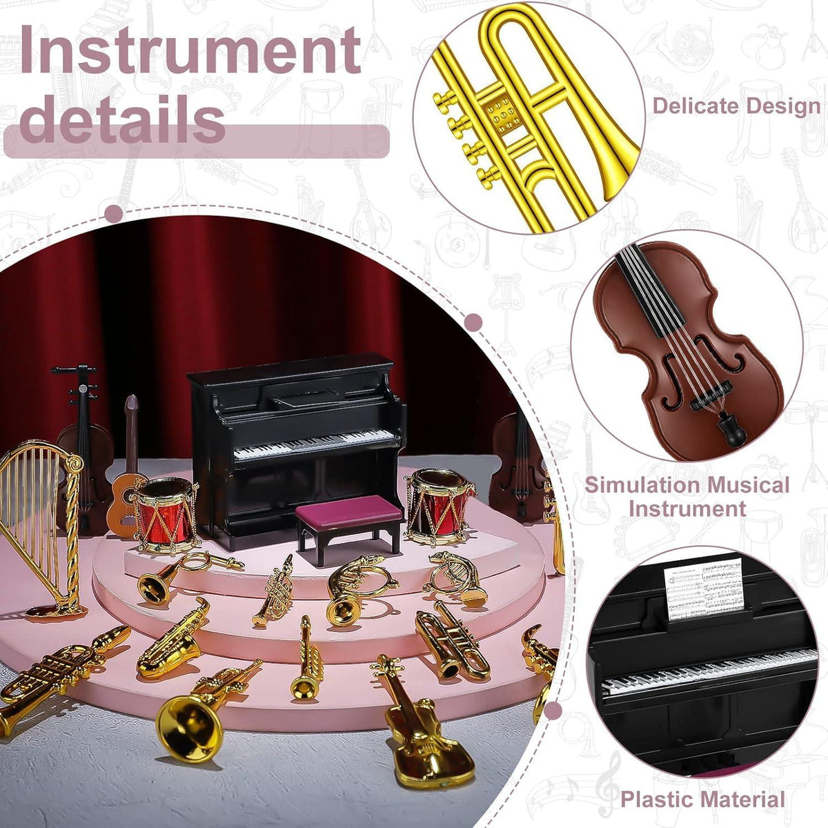24-teiliges Miniatur Musikinstrumenten Set für Puppenhaus - Geige Klavier Trompete E-Gitarre Saxophonisiert recital