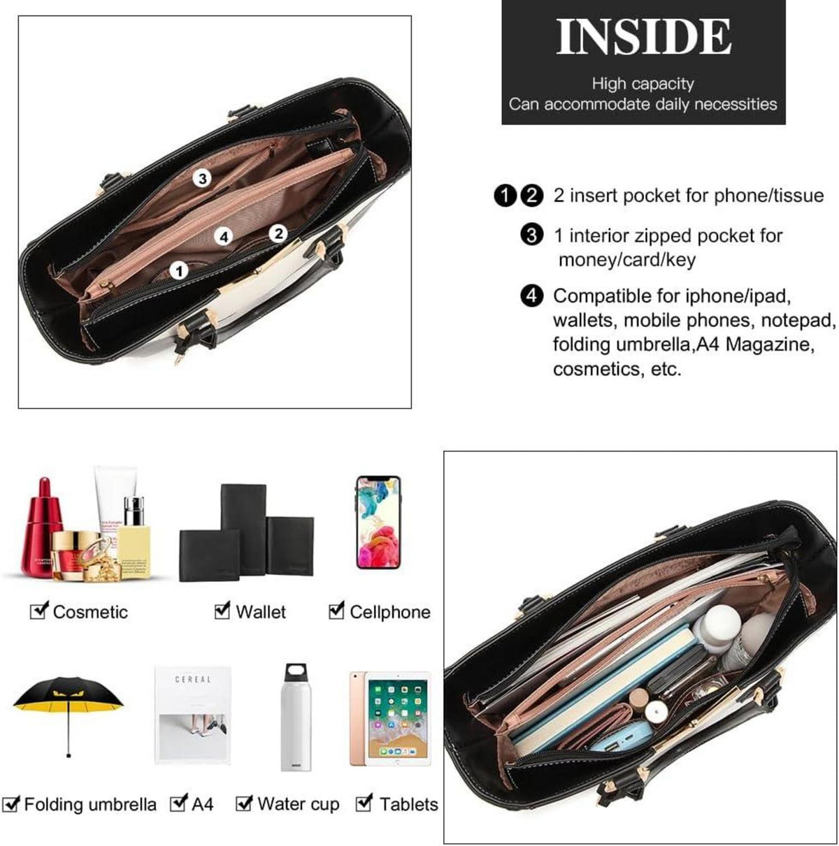 Miss Lulu Handtasche Damen Schultertasche Shopper V-förmig Schwarz