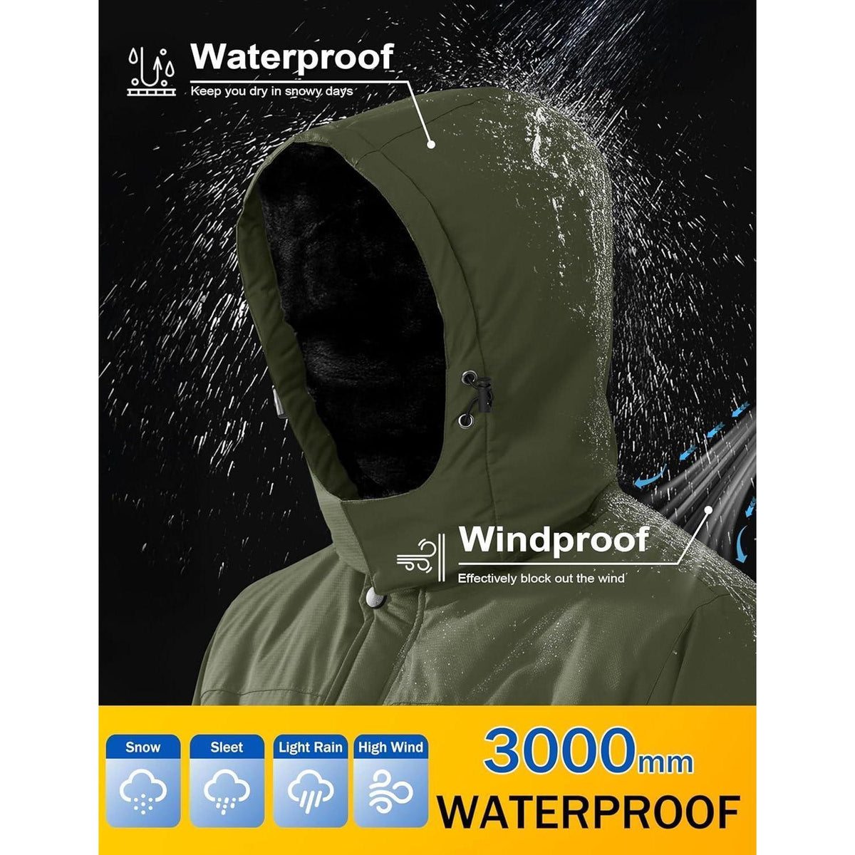 Herren Skijacke Wasserdicht & Warm – Abnehmbare Kapuze, Olivgrün