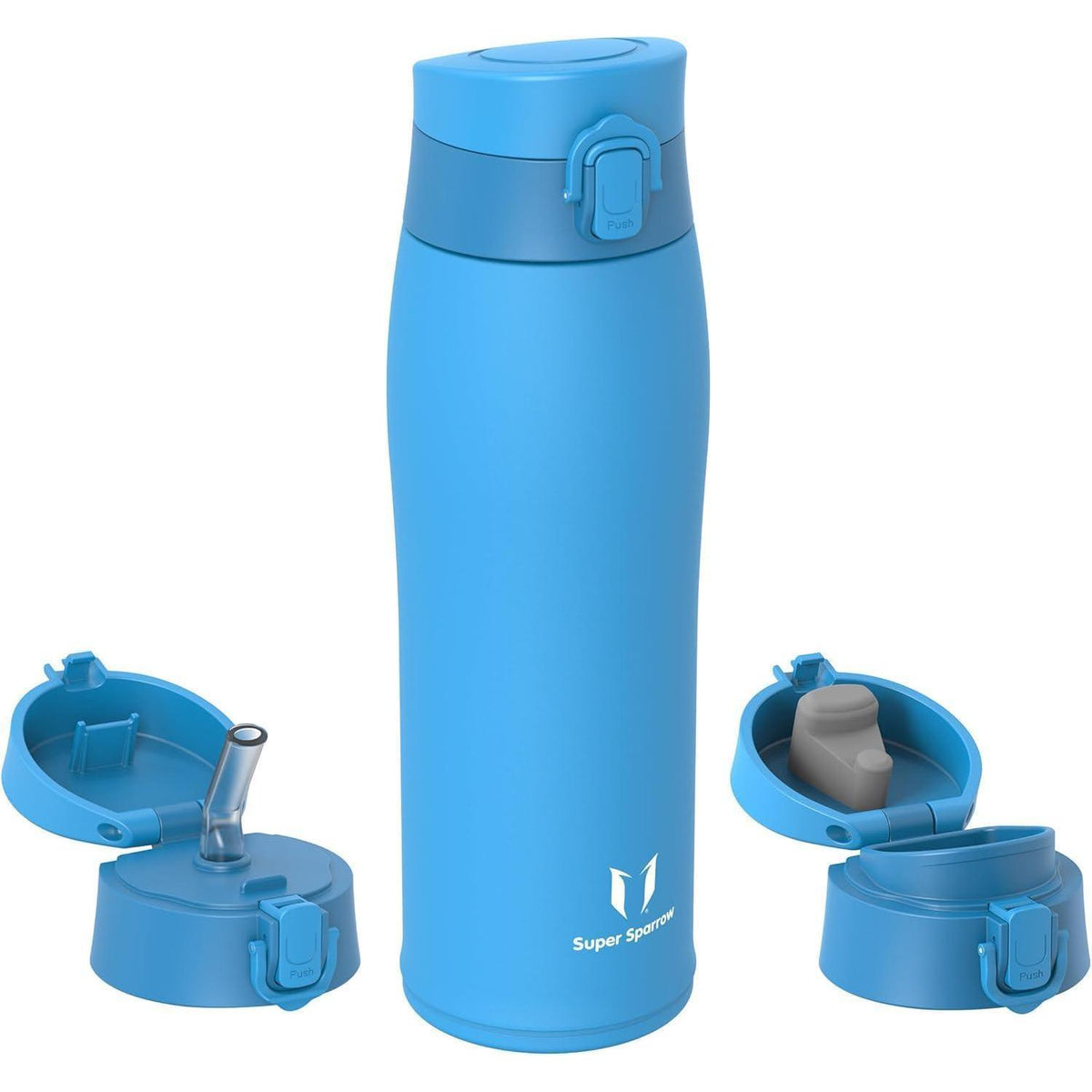 Edelstahl Thermosflasche 750ml Himmelblau mit 2 Deckeln