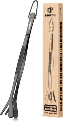 Doppelspitze 2-in-1 Profi Edelstahl Küchenpinzette Schwarz 20,5 cm