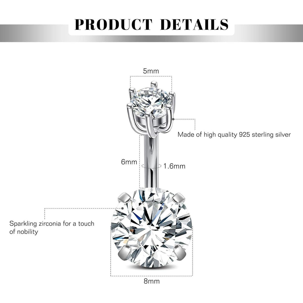 Bauchnabelpiercing 925 Silber 14g 6mm mit Zirkonia