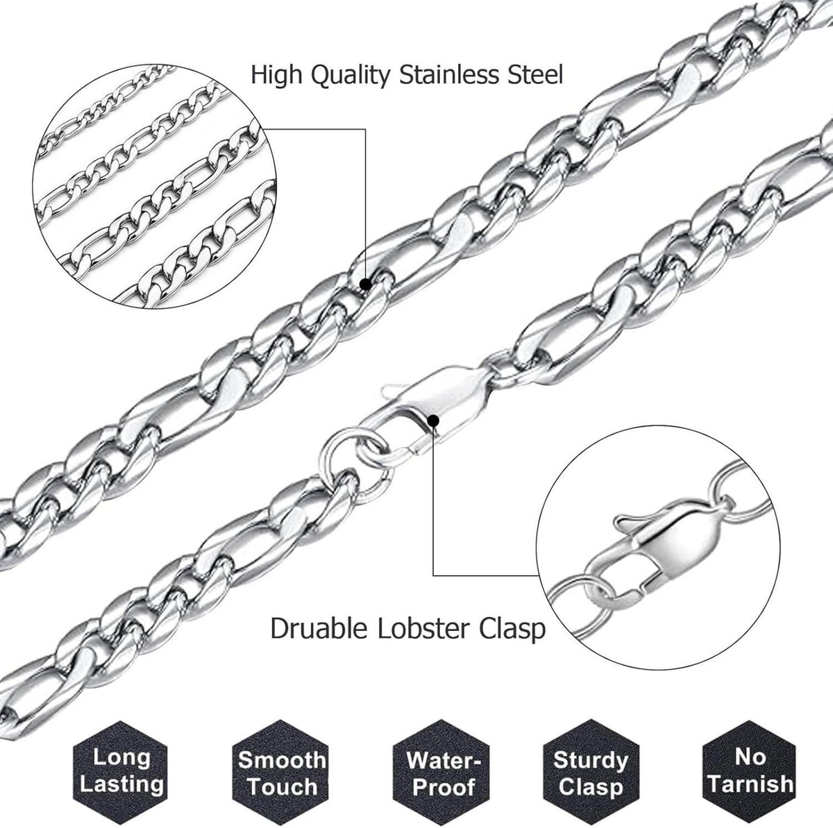 LOCCY Figarokette Edelstahl Silberkette Halskette 6mm 66cm Herren Damen