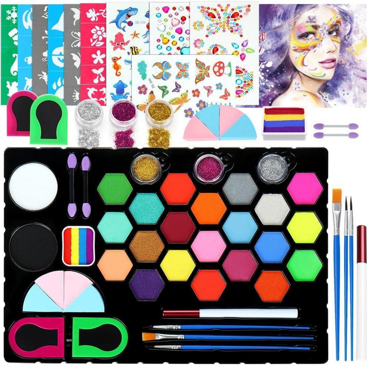 Kinderschminke Set 23 Farben mit Zubehör für Fasching & Halloween