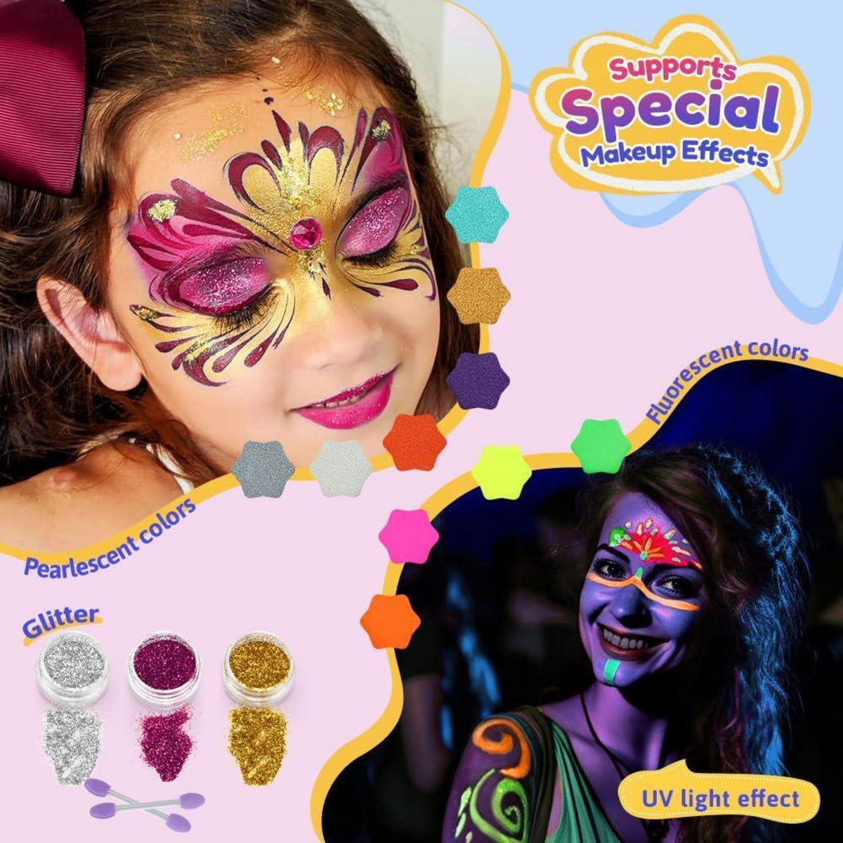 Kinderschminke Set 23 Farben mit Zubehör für Fasching & Halloween