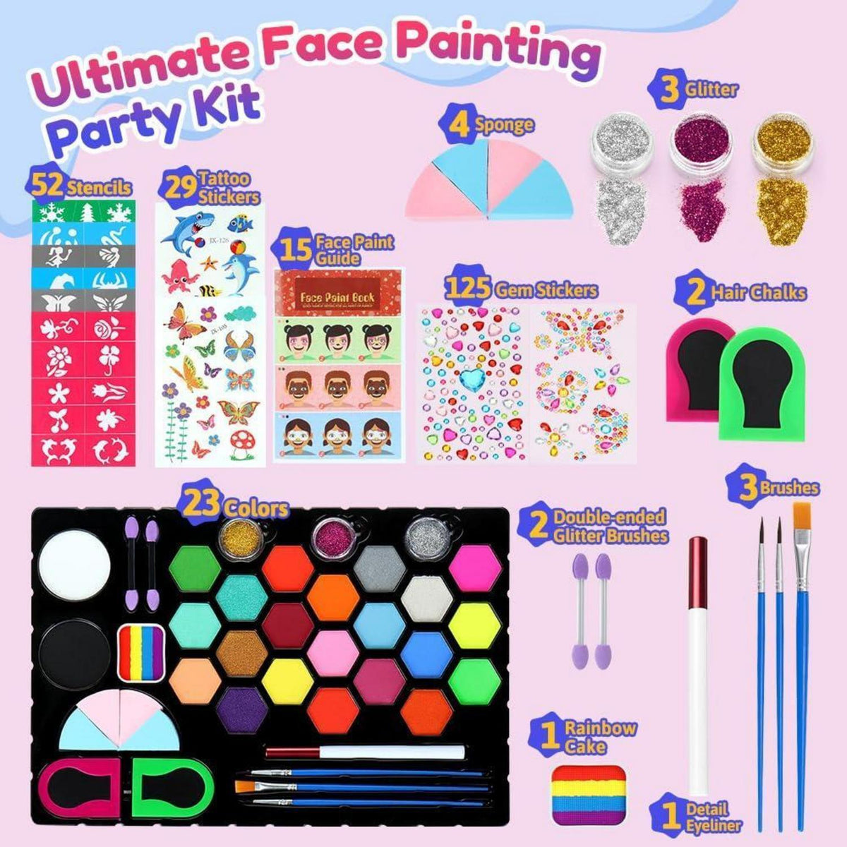 Kinderschminke Set 23 Farben mit Zubehör für Fasching & Halloween