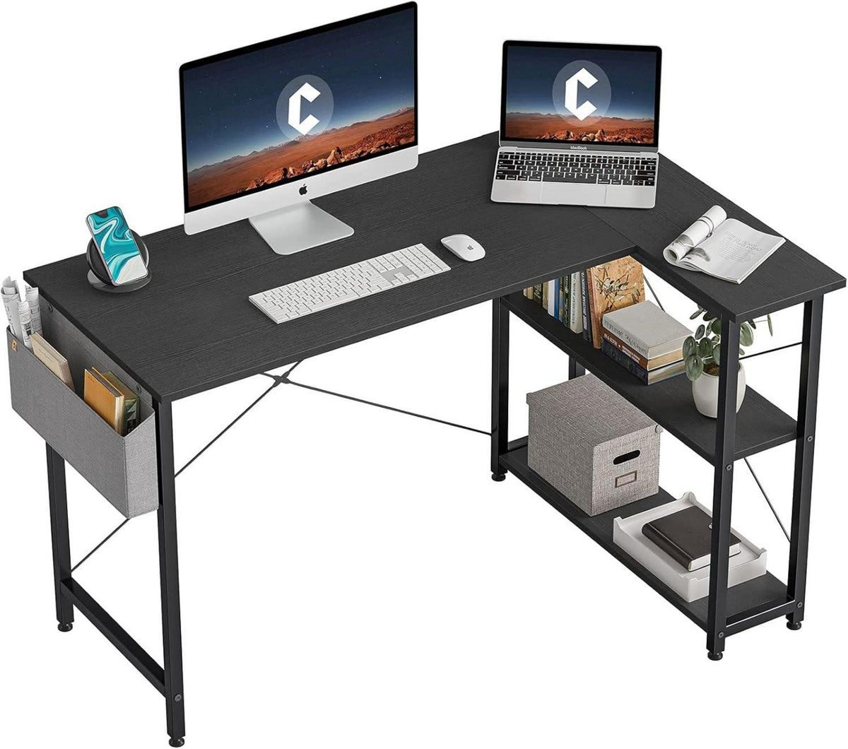 Umkehrbarer Gaming Computertisch mit Regalen Schwarz 120cm