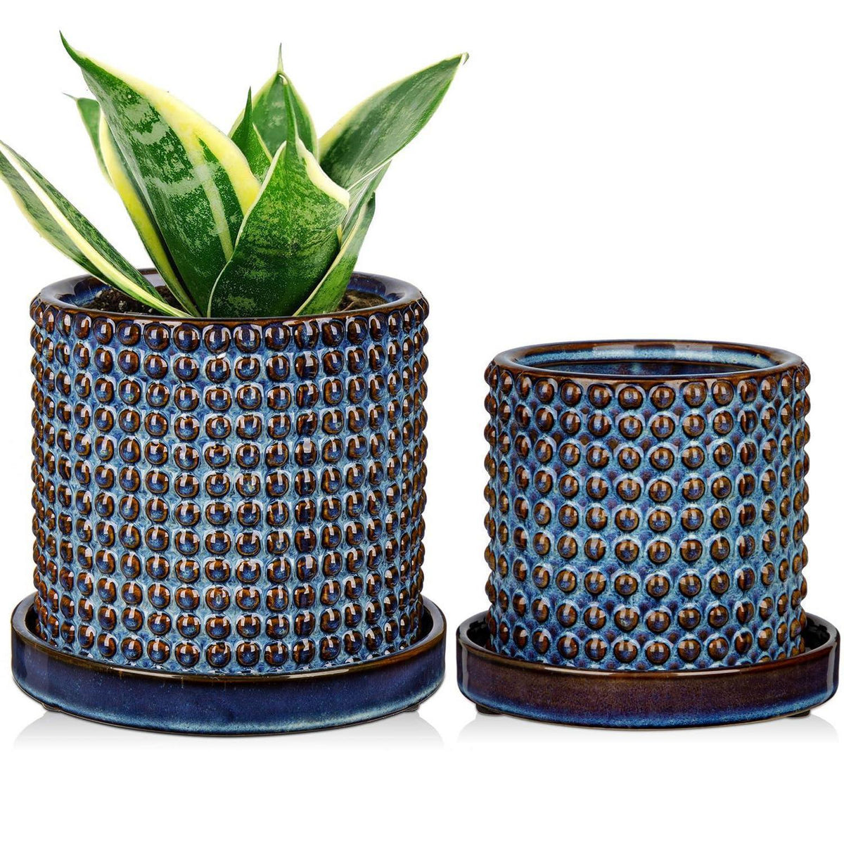 Keramik Blumentöpfe 2er Set blau mit Perlendesign
