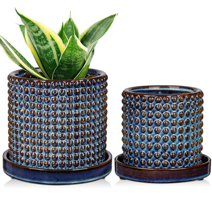 Keramik Blumentöpfe 2er Set blau mit Perlendesign