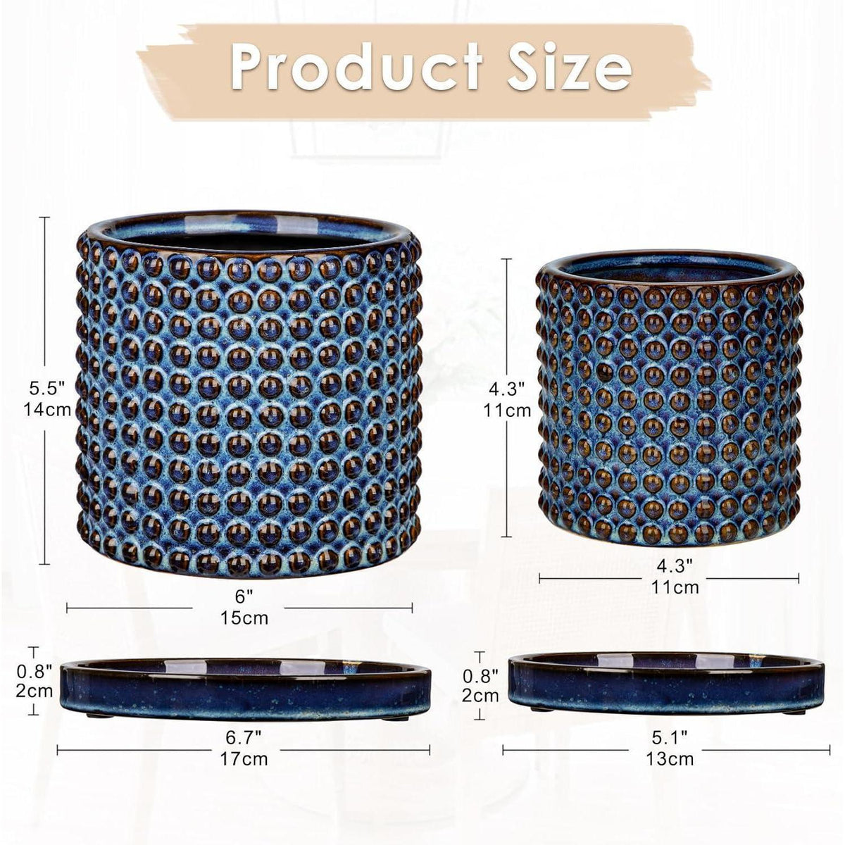Keramik Blumentöpfe 2er Set blau mit Perlendesign