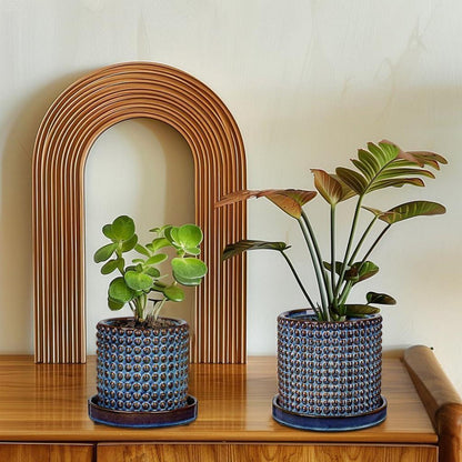 Keramik Blumentöpfe 2er Set blau mit Perlendesign