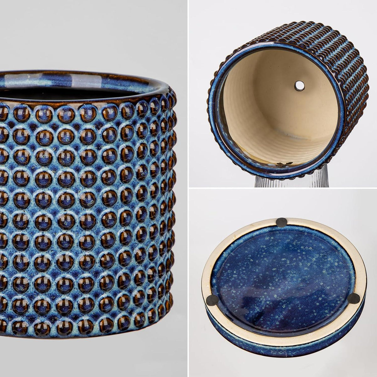 Keramik Blumentöpfe 2er Set blau mit Perlendesign