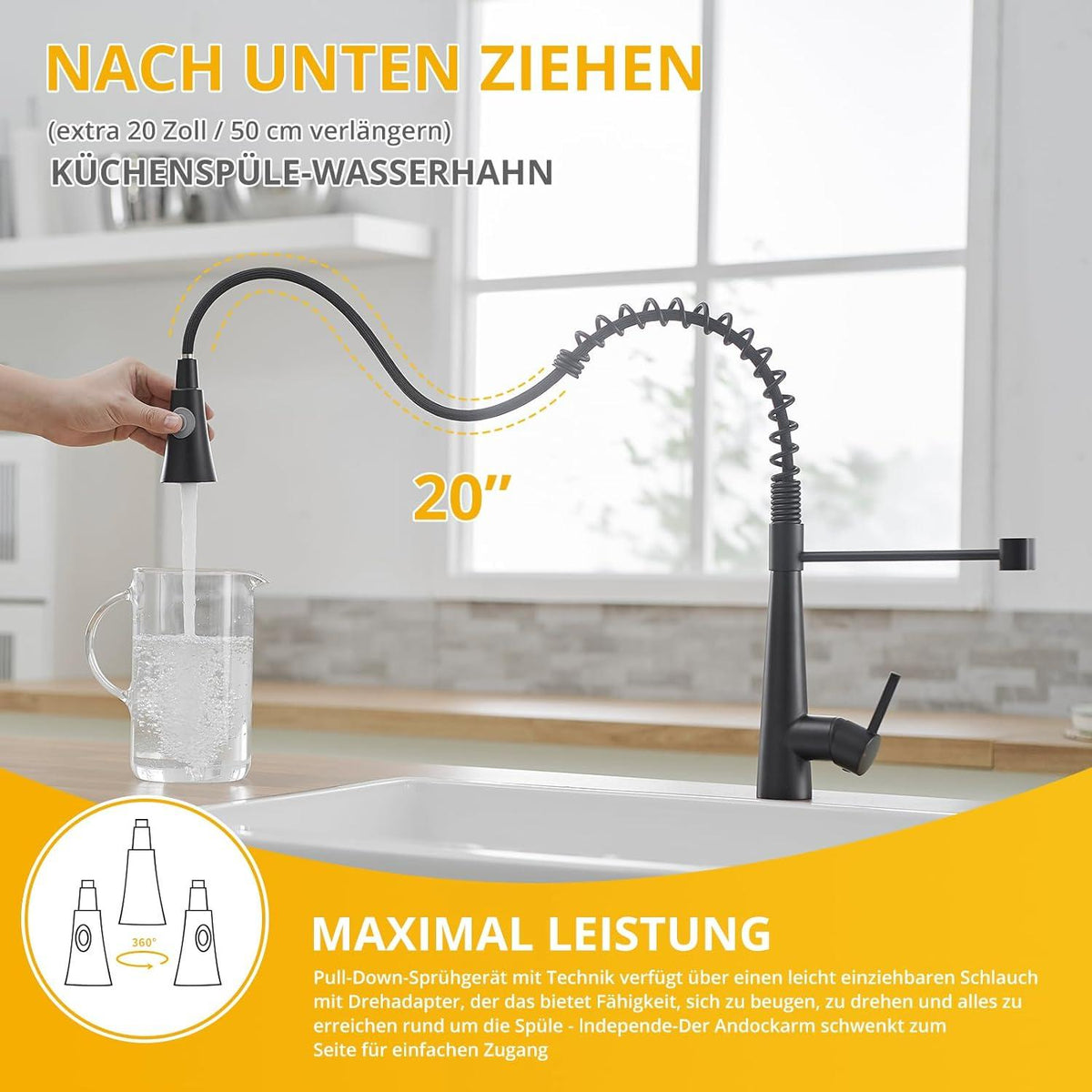 Schwarzer Hochdruck-Wasserhahn mit herausziehbarer Brause