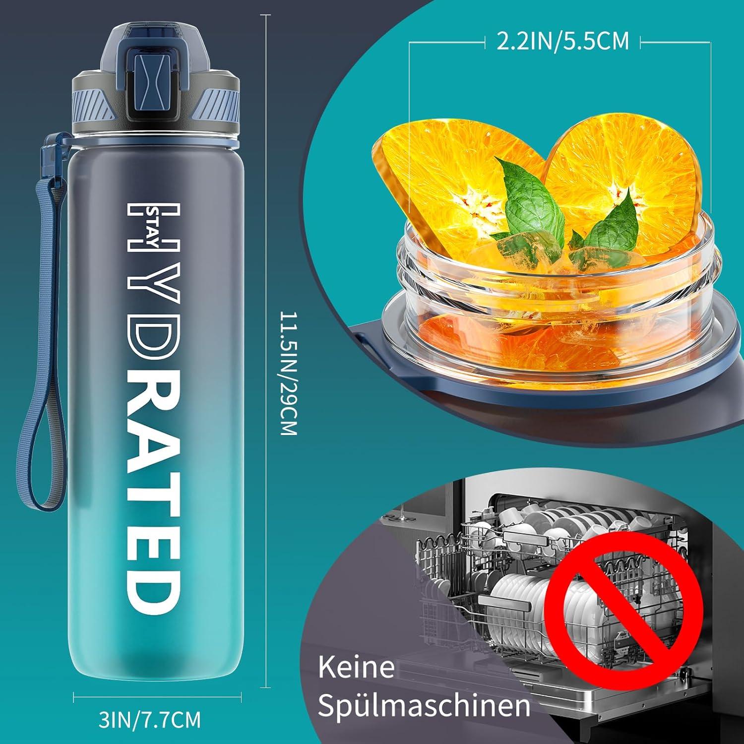 Trinkflasche 1L BPA-frei Tritan mit Strohhalm Sport Zeitmarkierung