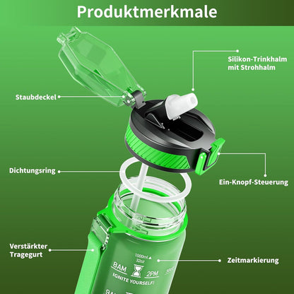 Trinkflasche 1L BPA-frei Tritan Sport Strohhalm Zeitmarkierung Gym Büro Eco