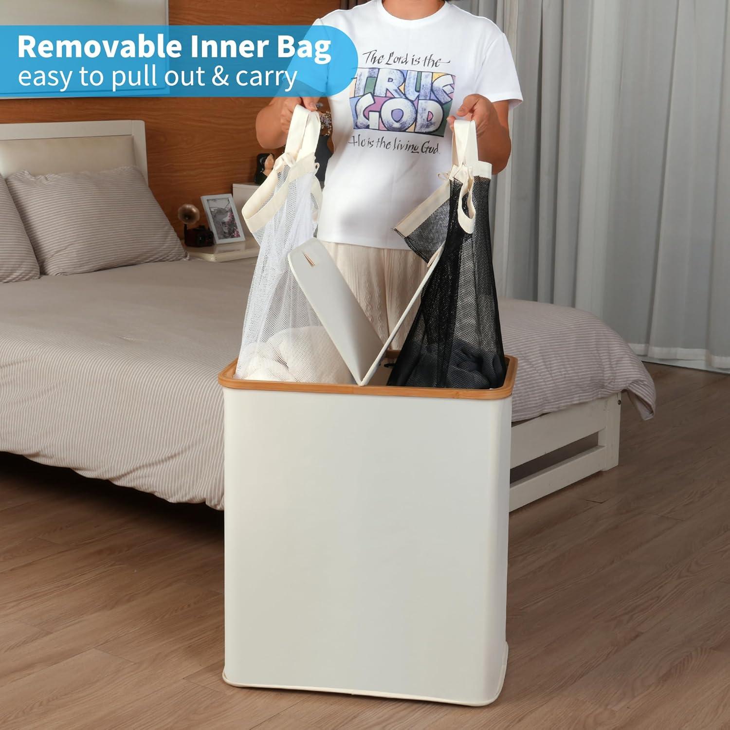 Wäschekorb mit Deckel 140 l 2 Fächer Bambus Leinen Hellgrau Beige