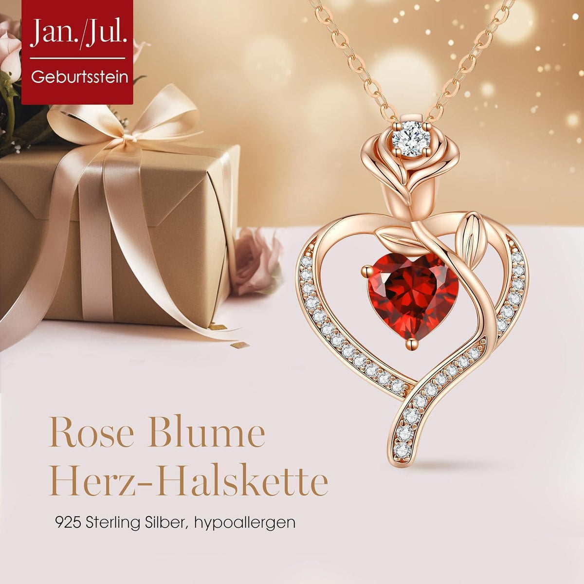 Herz Halskette Damen Rosegold mit Geburtsstein Sterling Silber 925