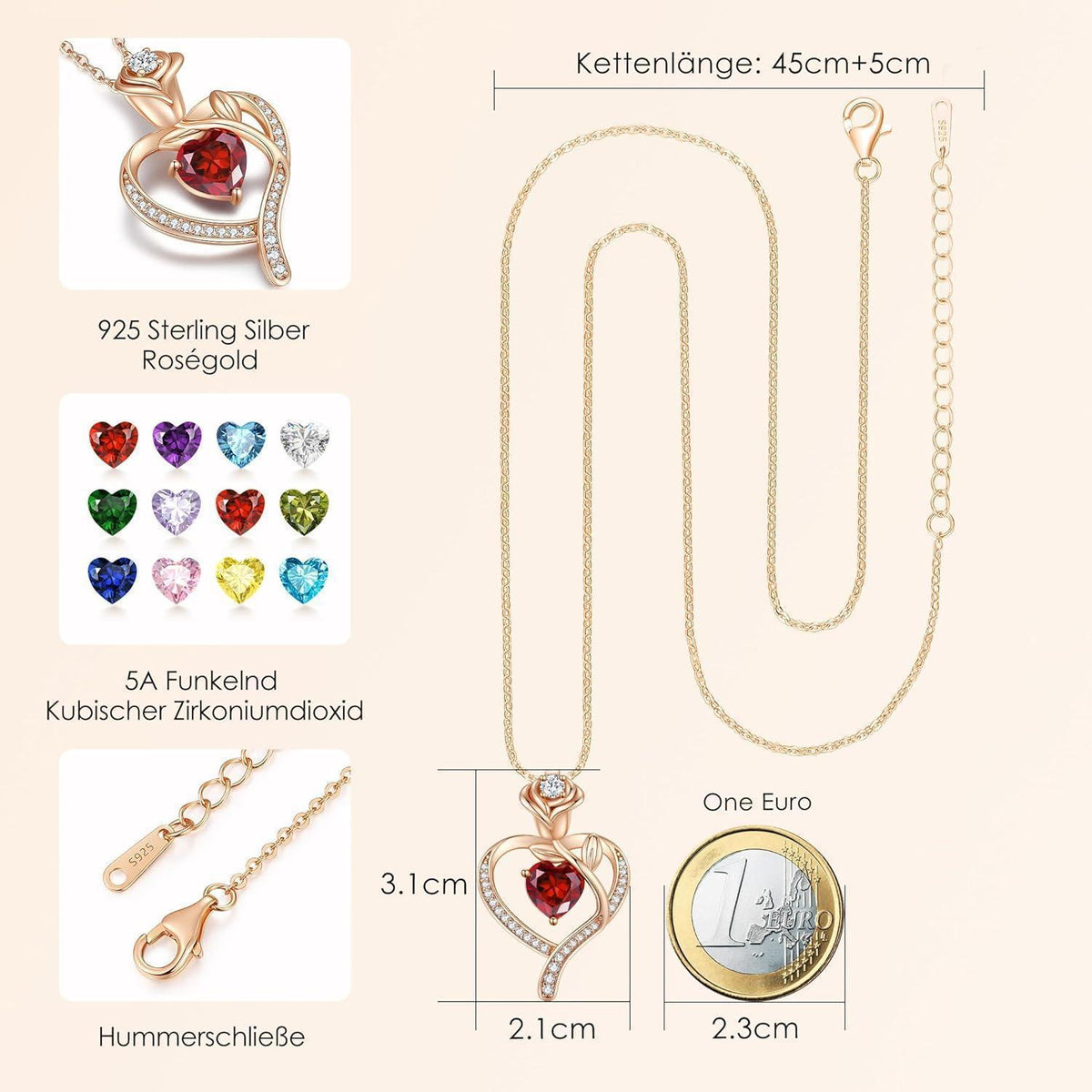 Herz Halskette Damen Rosegold mit Geburtsstein Sterling Silber 925