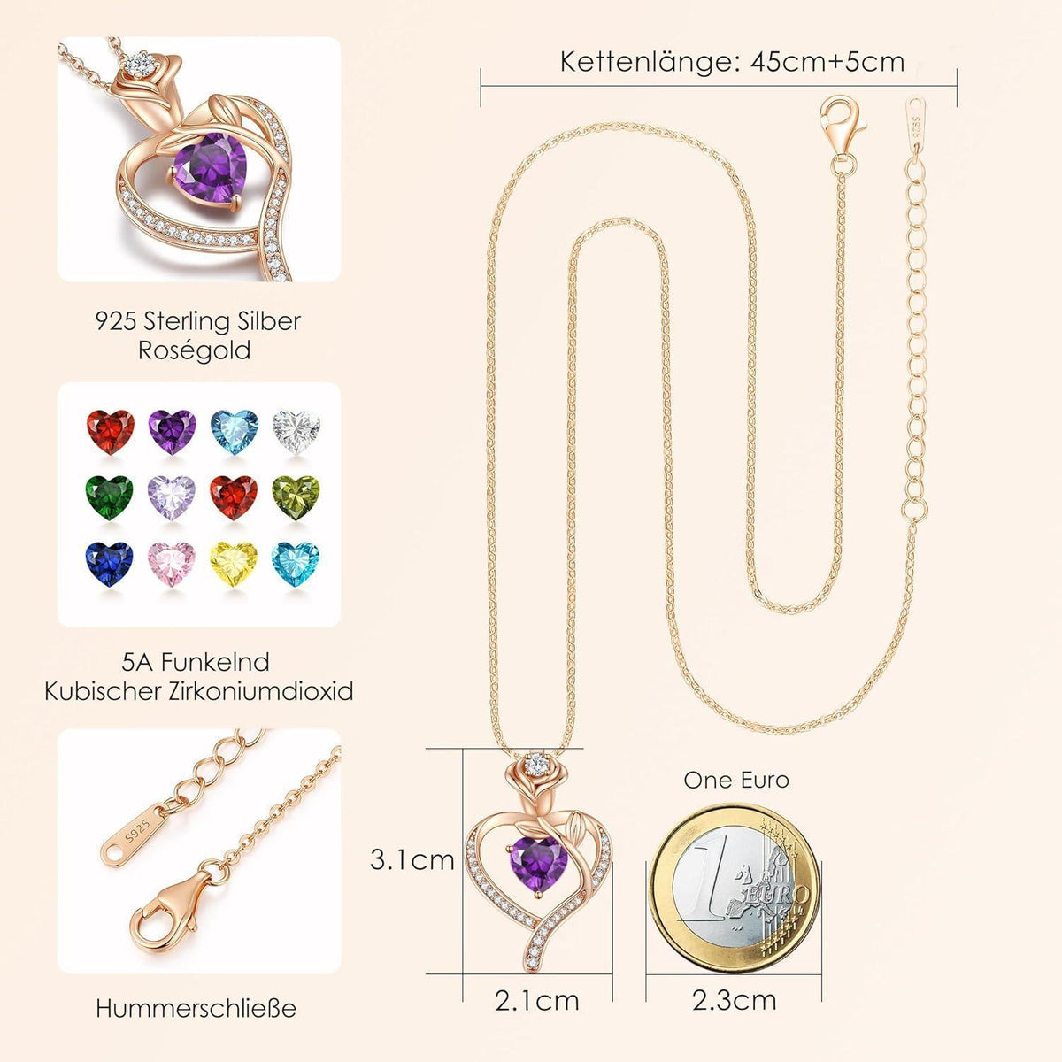 Herz Halskette Damen Rosegold mit Geburtsstein Sterling Silber 925