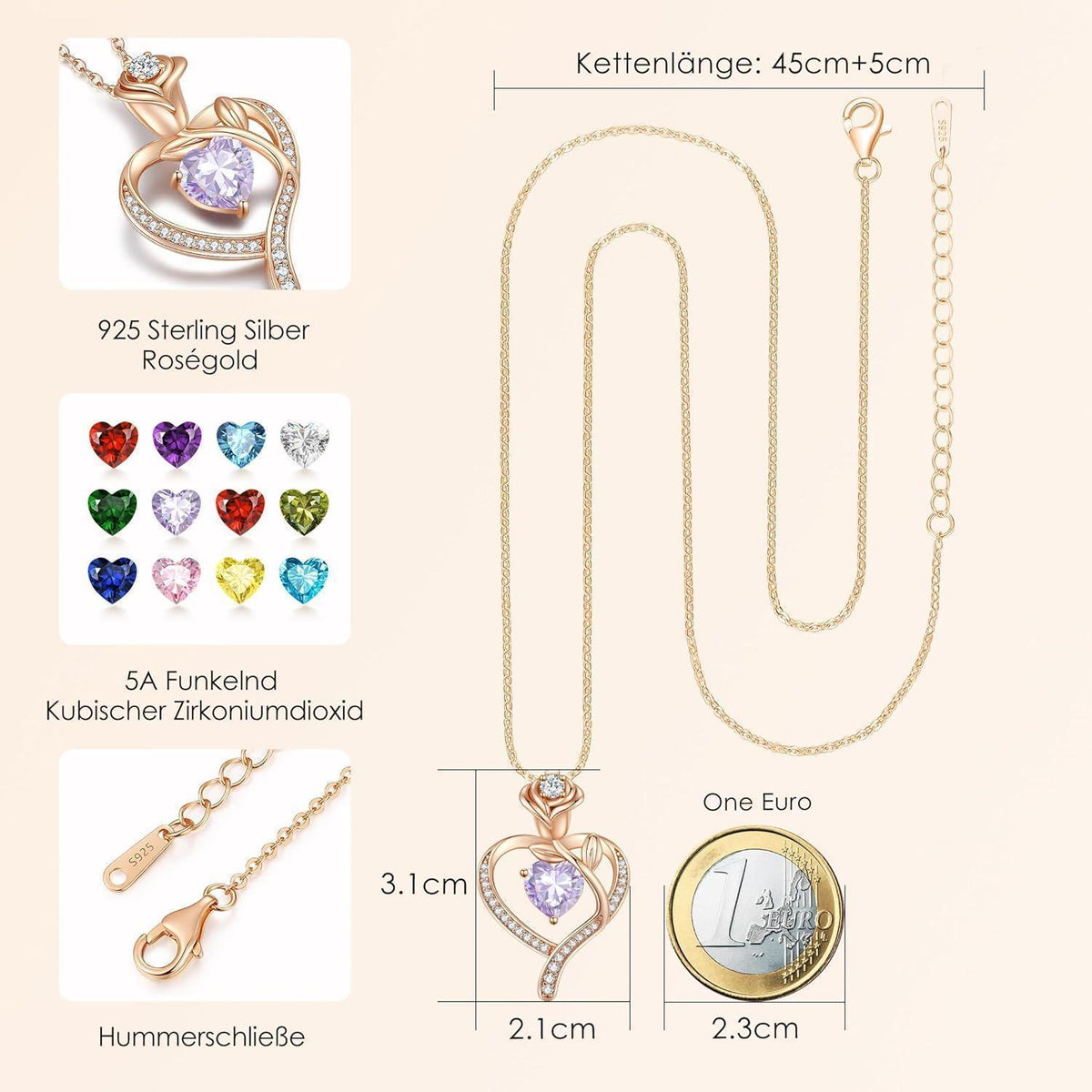 Herz Halskette Rosegold mit Geburtsstein aus 925 Sterling Silber