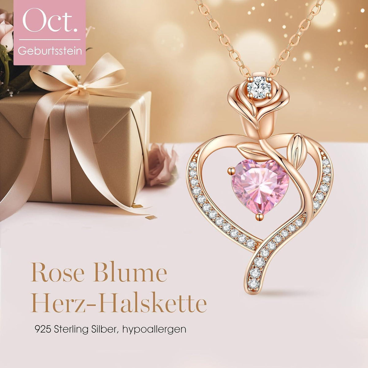 Halskette Damen Rosegold Herz mit Geburtsstein Sterling Silber 925