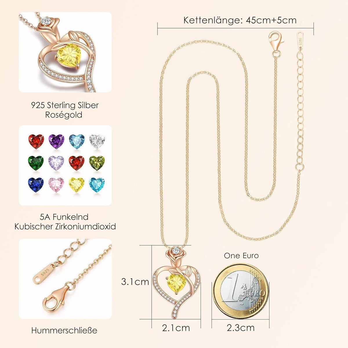 Herz Halskette Damen Rosegold mit Geburtsstein Sterling Silber 925