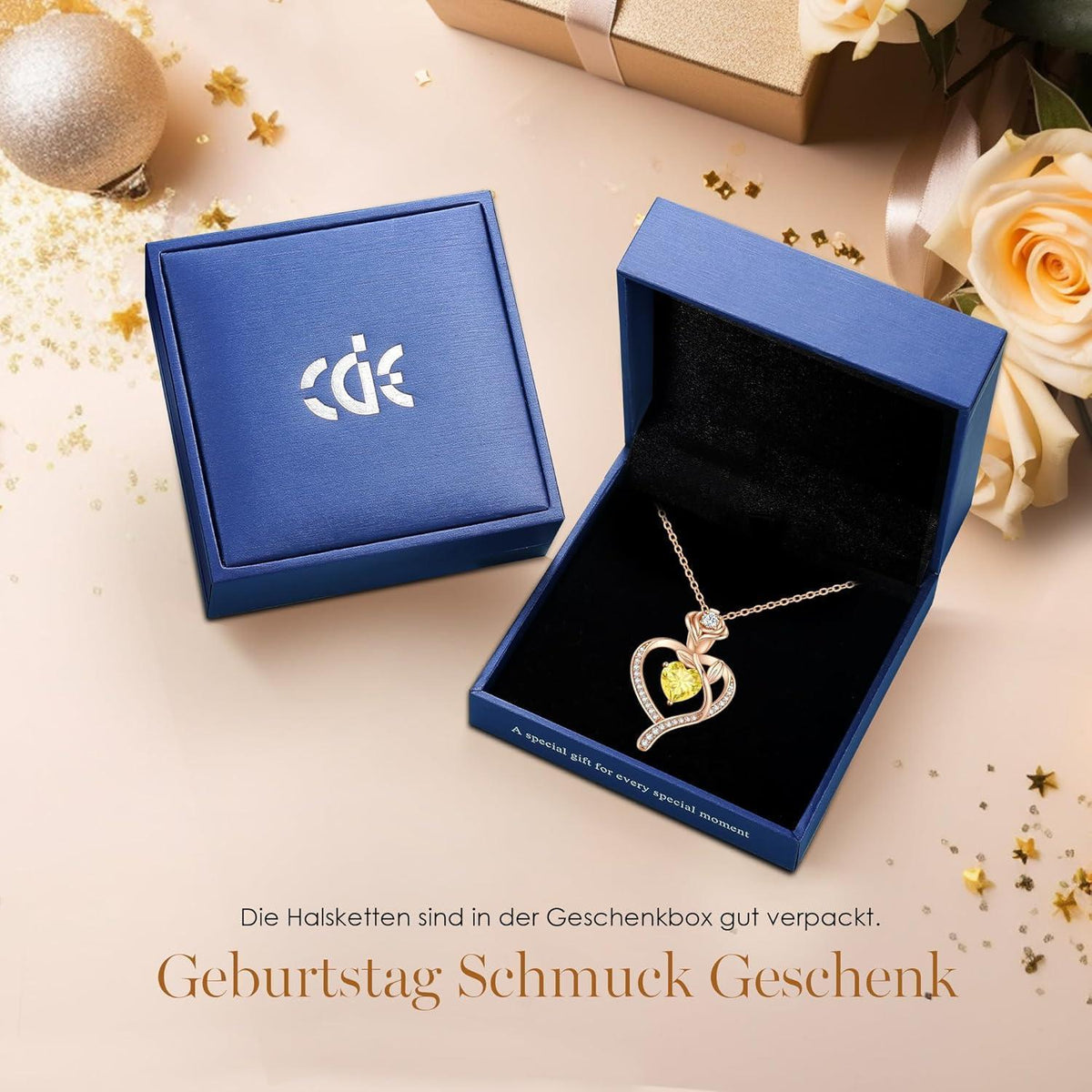 Herz Halskette Damen Rosegold mit Geburtsstein Sterling Silber 925