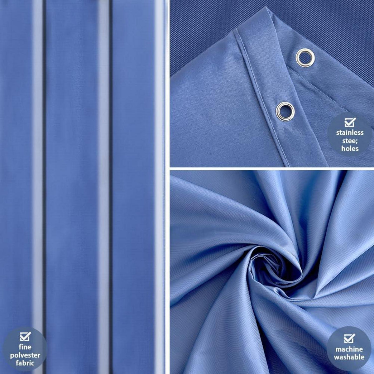 Duschvorhang 180x220 Hellmarineblau, Anti-Schimmel, Waschbar, Textil, 12 Ringe