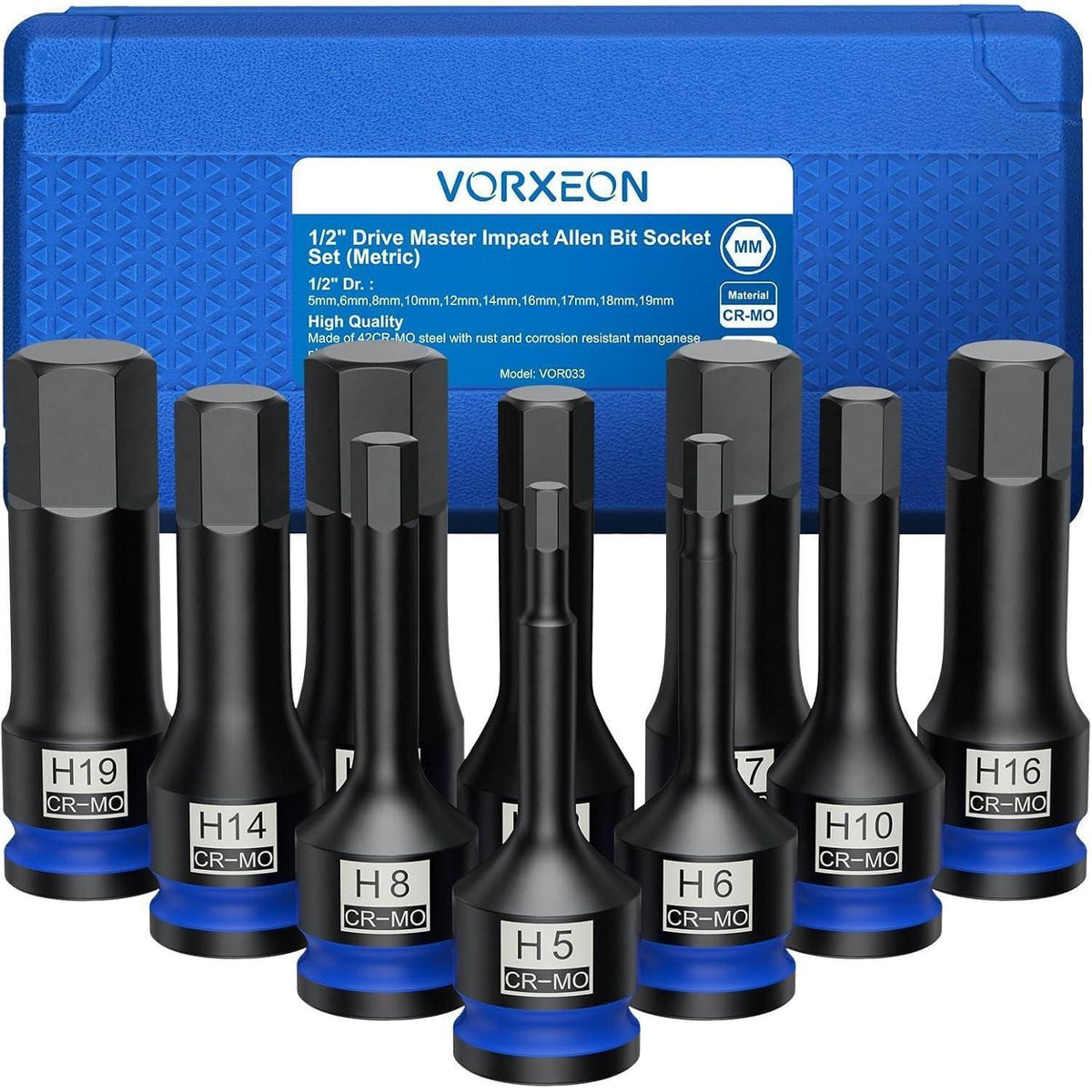 10-teiliges Schlagschrauber-Stecknuss-Set 1/2" Antrieb Innensechskant 5-19mm mit Koffer