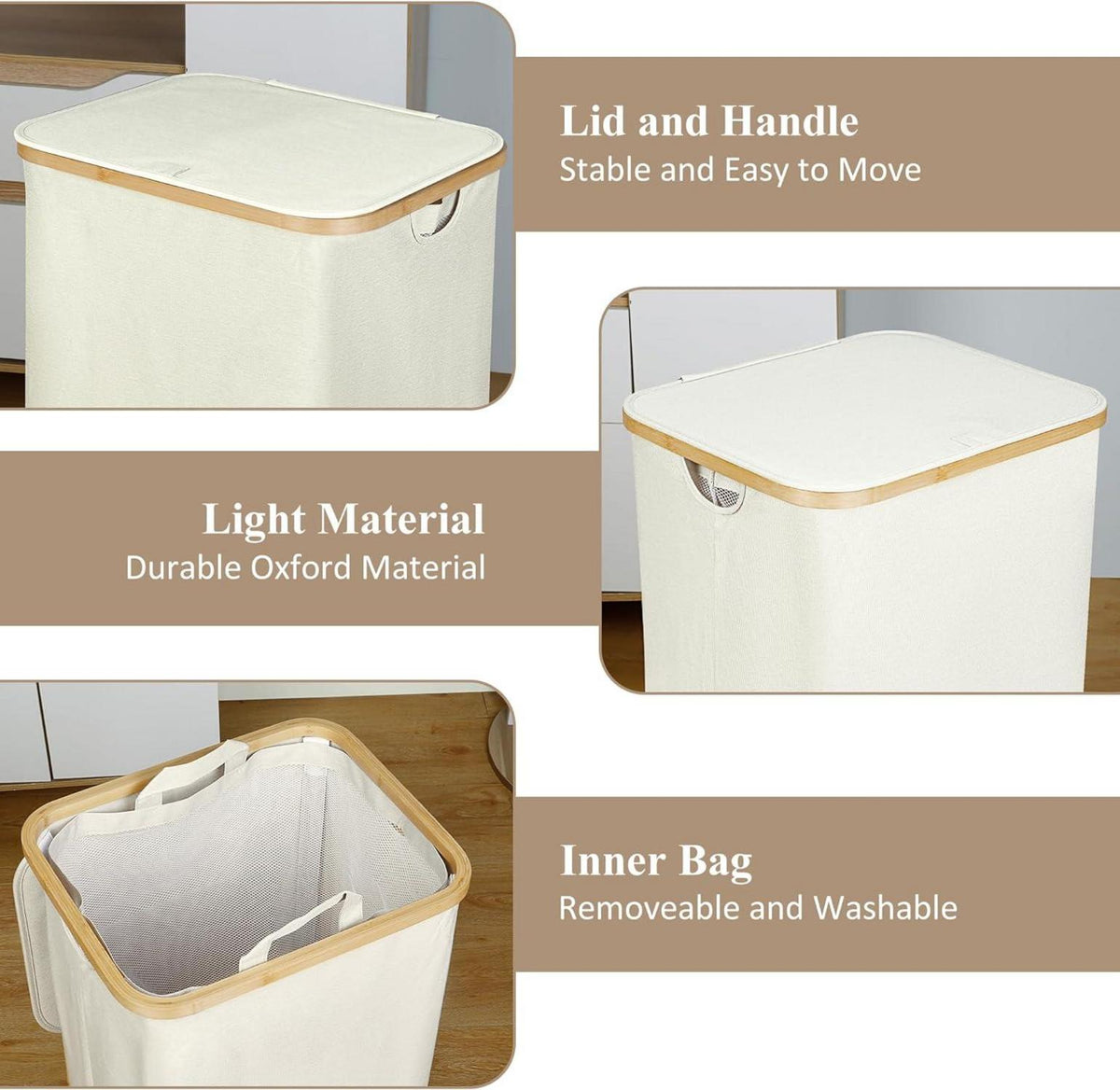 Wäschekorb mit Deckel 110L Herausnehmbarer Innentasche Beige