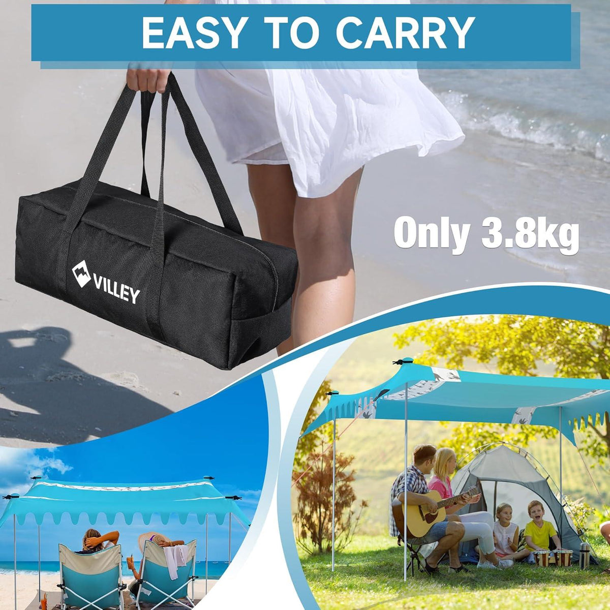 Strandzelt Sonnenschutz UPF50+ UV Schutz 3m x 3,3m Blau 6 Personen