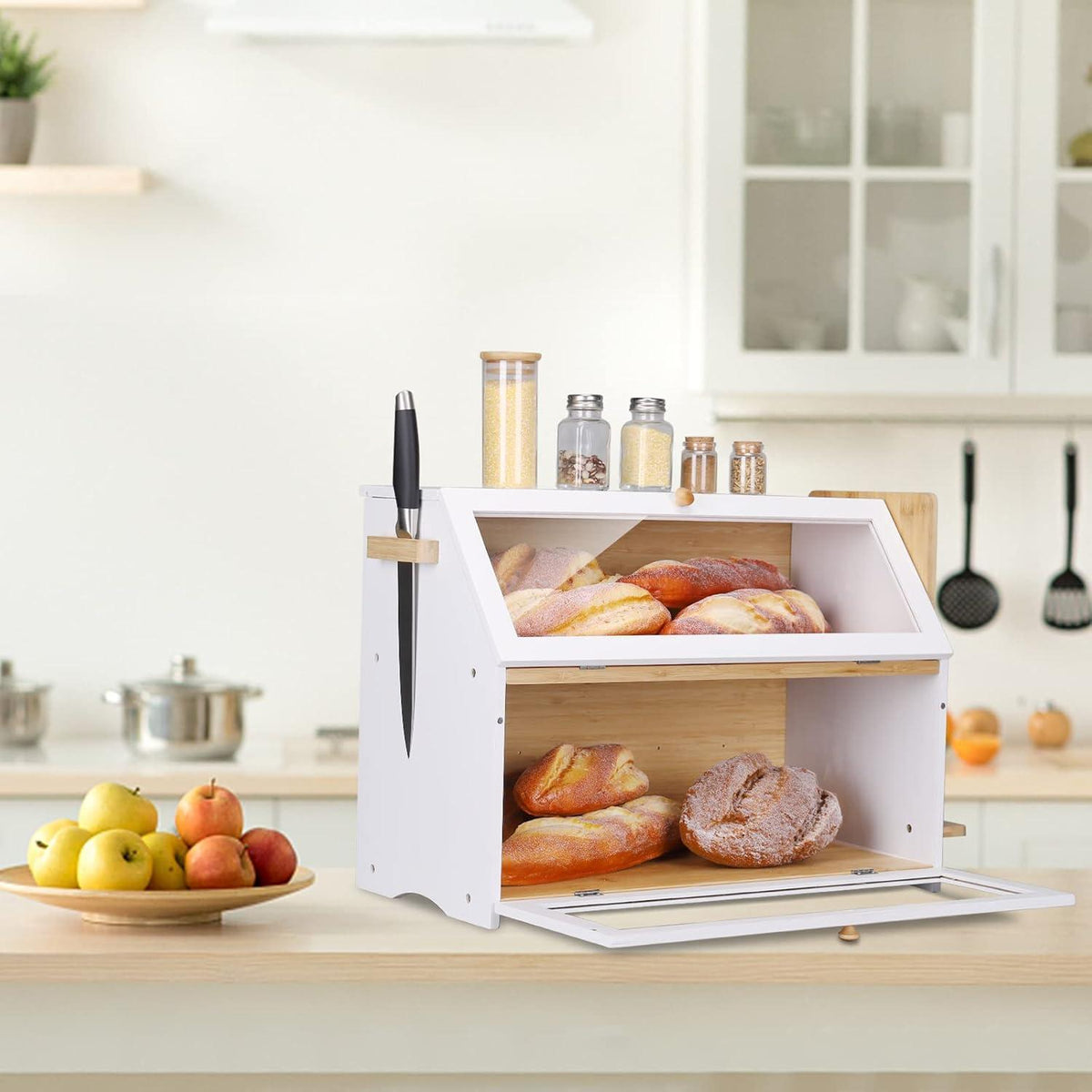 Brotkasten Bambus 2 Etagen Brotschneidebrett 50x25x37cm Weiß pflegeleicht