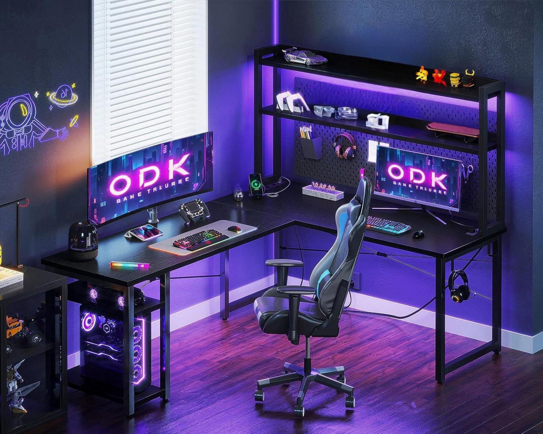 ODK Gaming Tisch LED L-Form 2 Steckdosen 2 USB Lagerregal