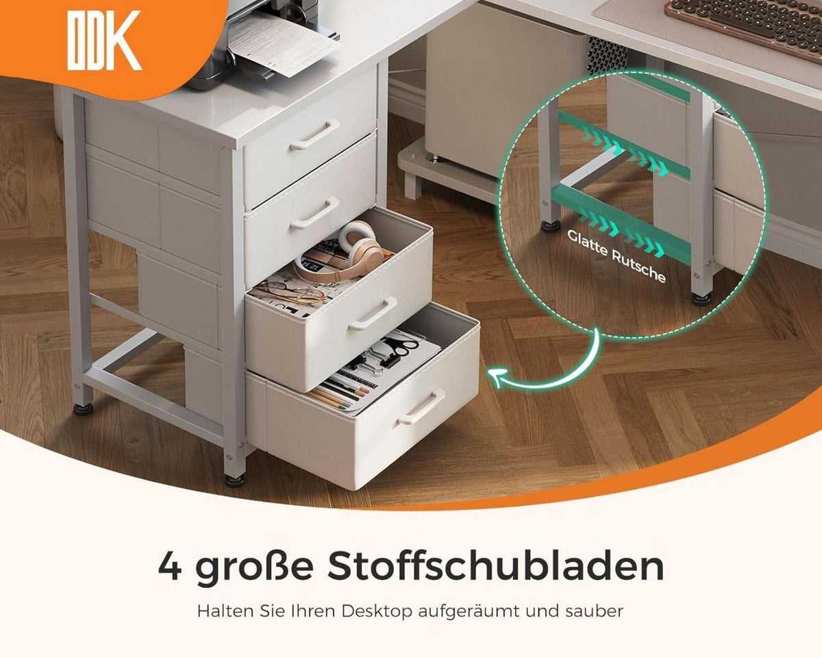 ODK Eckschreibtisch L-Form Weiß mit Schubladen und Steckdosen 155x110 cm