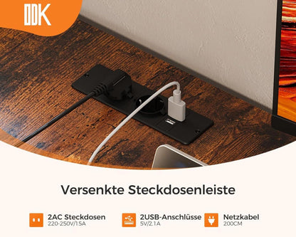 ODK Eckschreibtisch L Form mit Schubladen und Steckdosen, Vintage-Braun