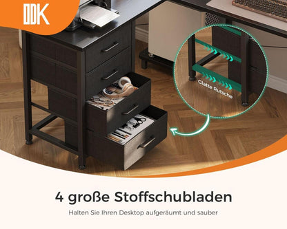 Eckschreibtisch L-Form mit Schubladen und Steckdosen, Schwarz 155x110 cm