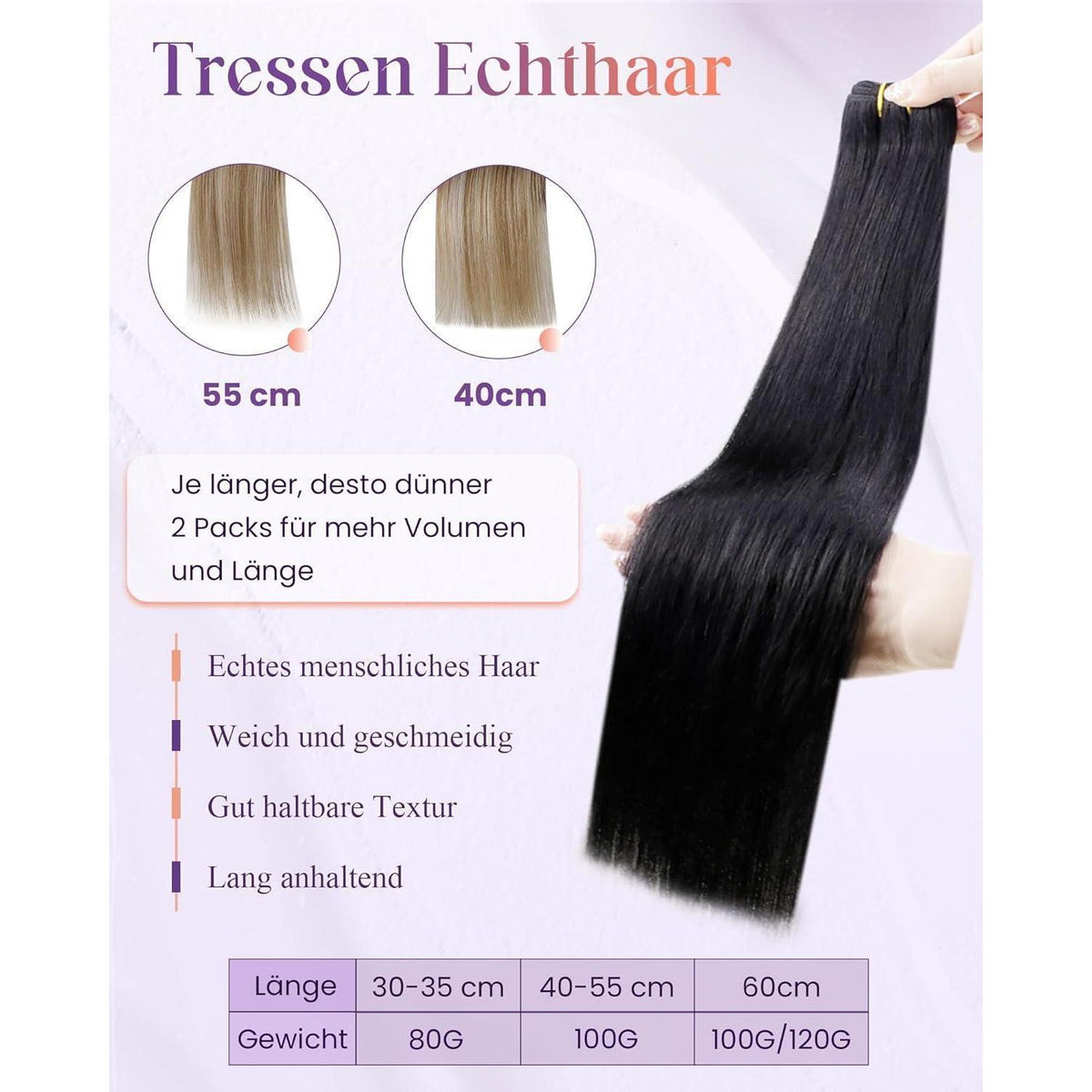 Echthaar Tressen Schwarz zum Einnähen - 40cm, 100g