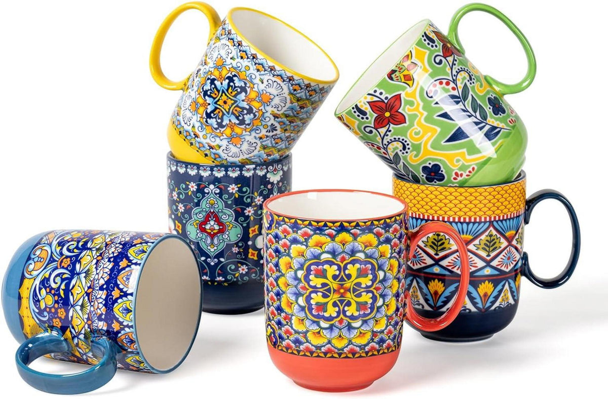 Porzellan Kaffeebecher Set 410ml bunt 6er Pack Bohemian Style Tassen