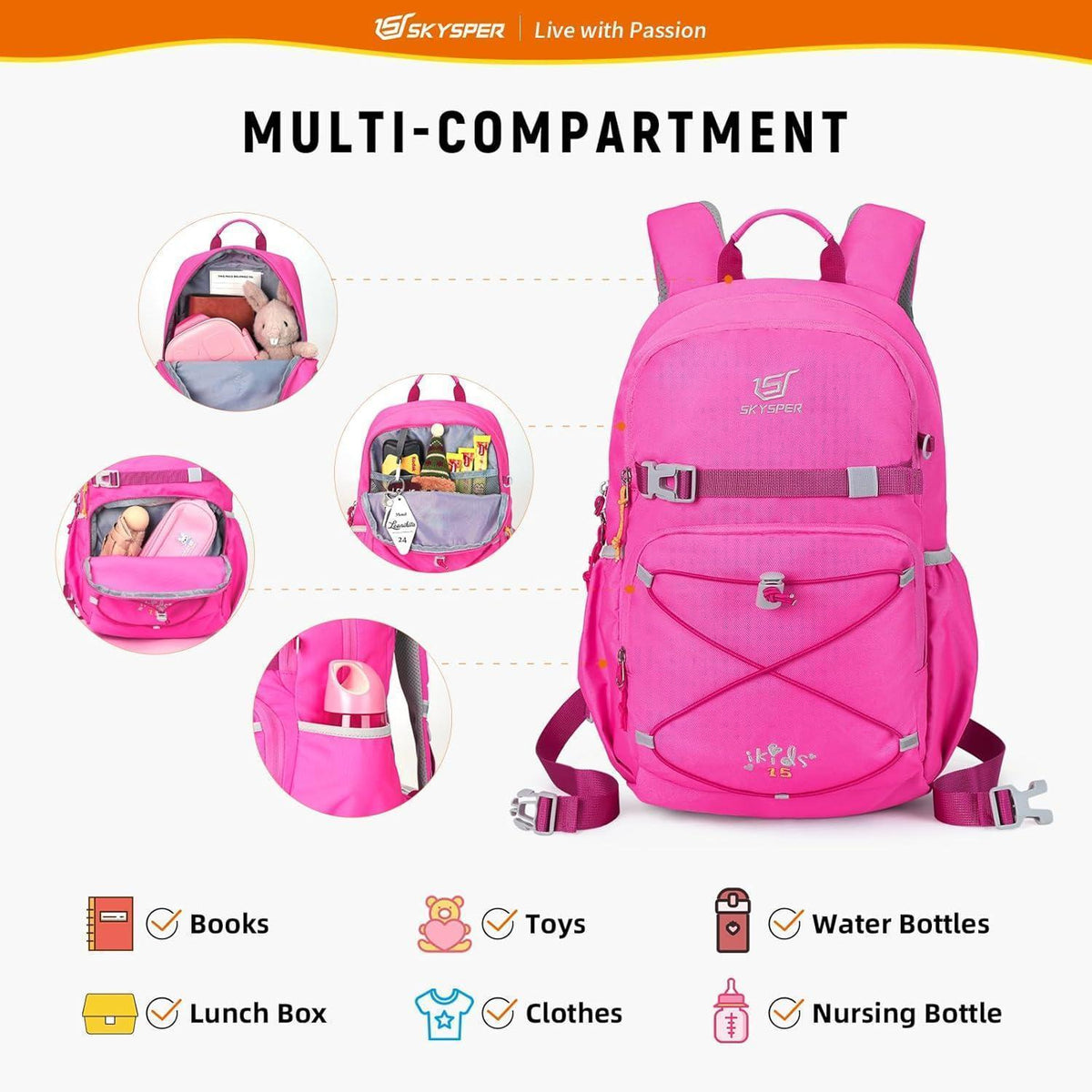 Kinderrucksack 15L Wanderrucksack mit Brustgurt Rosa