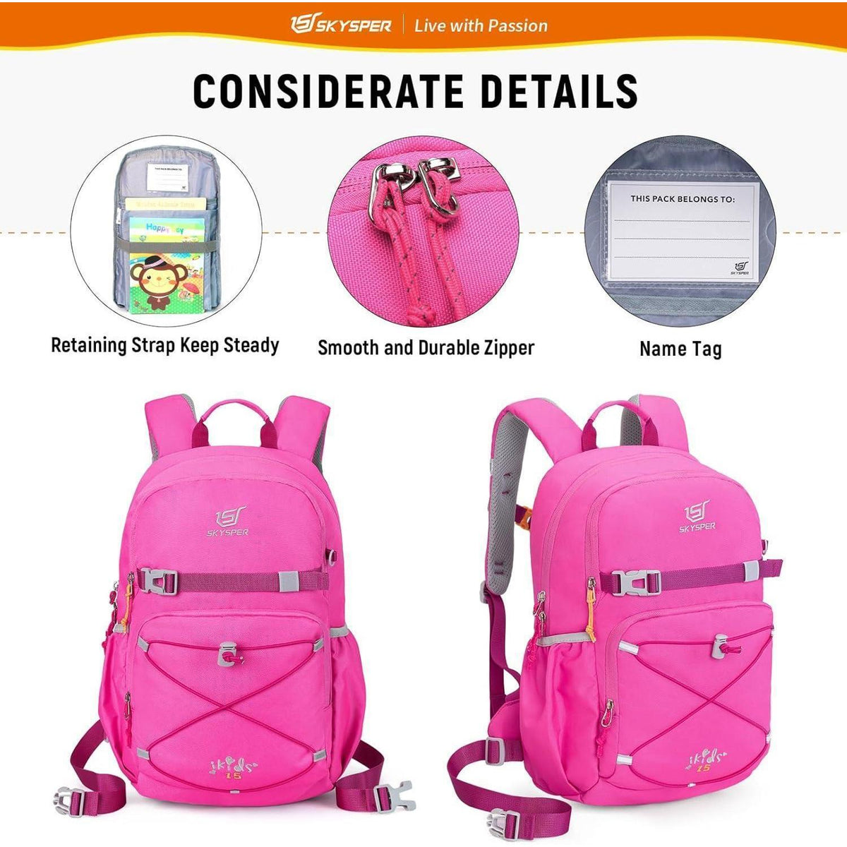 Kinderrucksack 15L Wanderrucksack mit Brustgurt Rosa