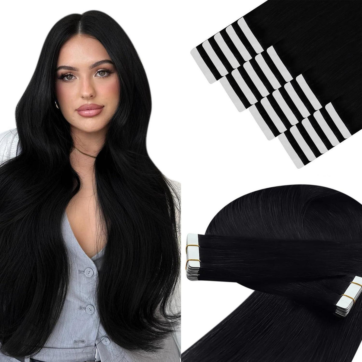 Echthaar Tape-in Extensions Schwarz - 45cm, 50g
