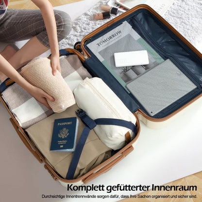 COOLIFE Koffer-Set Trolley ABS Hartschale Reisekoffer 4 Rollen TSA-Schloss Handgepäck-Set 3tlg Blau/Braun
