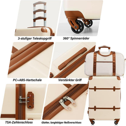 COOLIFE Hartschalen-Trolley 4 Rollen TSA-Schloss 3tlg Set Weiß/Braun