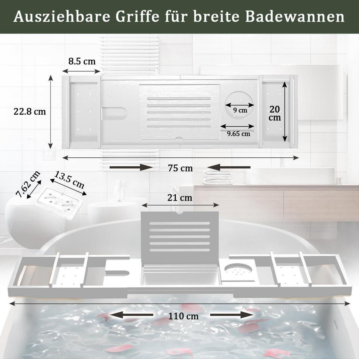 Verstellbare Bambus Badewannenablage mit Halter & Buchstütze