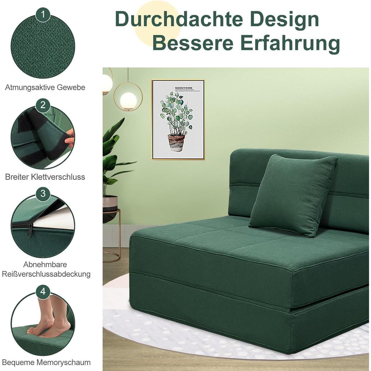 Gästesofa mit Schlaffunktion & Memory Schaum – Dunkelgrün